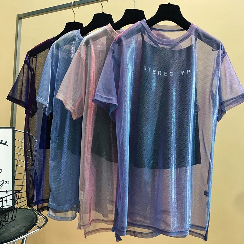 HOT stylez Network red with purple mesh short sleeve T-shirt female summer 2020 new strange taste girl hip-hop clothes | Женская одежда