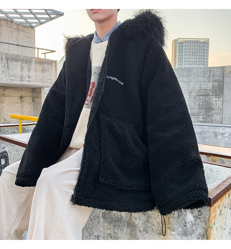 Зимняя новая куртка из овечьей шерсти мужская теплая Модная однотонная Повседневная куртка с капюшоном Мужская Уличная свободная