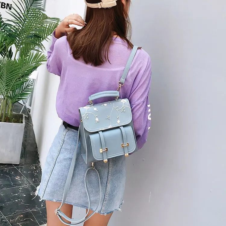 Fashion School Backpack Teenage Girls High Quality Leather Women Shoulder Bag Backpack Floral Embroidery Design Rucksack mochila