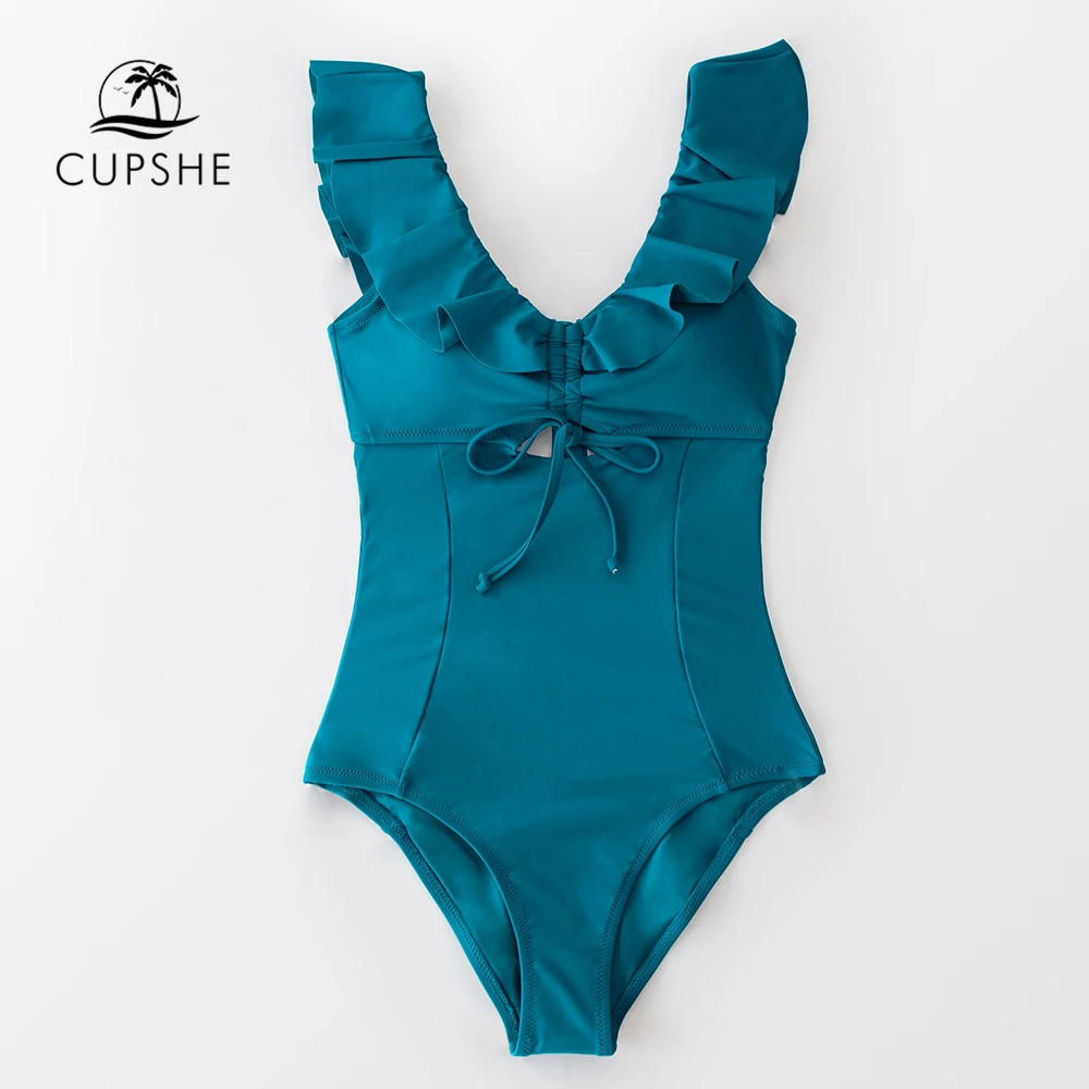One-Piece Swimsuit Bathing-Suits Cupshe Teal Ruffled Women Sexy New Bow Girl Cutout Solid