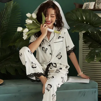 

New Product Ice Silk Pajamas Summer Short-sleeved Trouser Lace Big Eyes Ladies Silk Home Service Suit Batas De Dormir Para Mujer