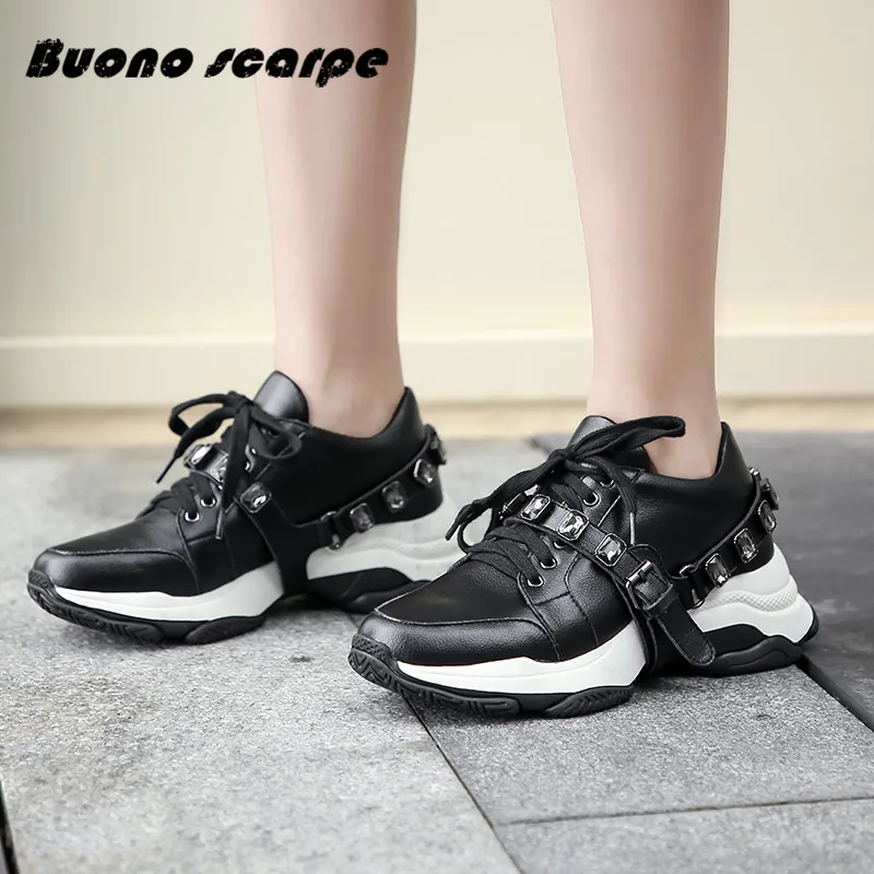 

Buonoscarpe 2019 New Fashion Woman Sneakers Crystal Lace Up Genuine Leather Shoes Comfortable Flat Platform Shoes Casual Shoes