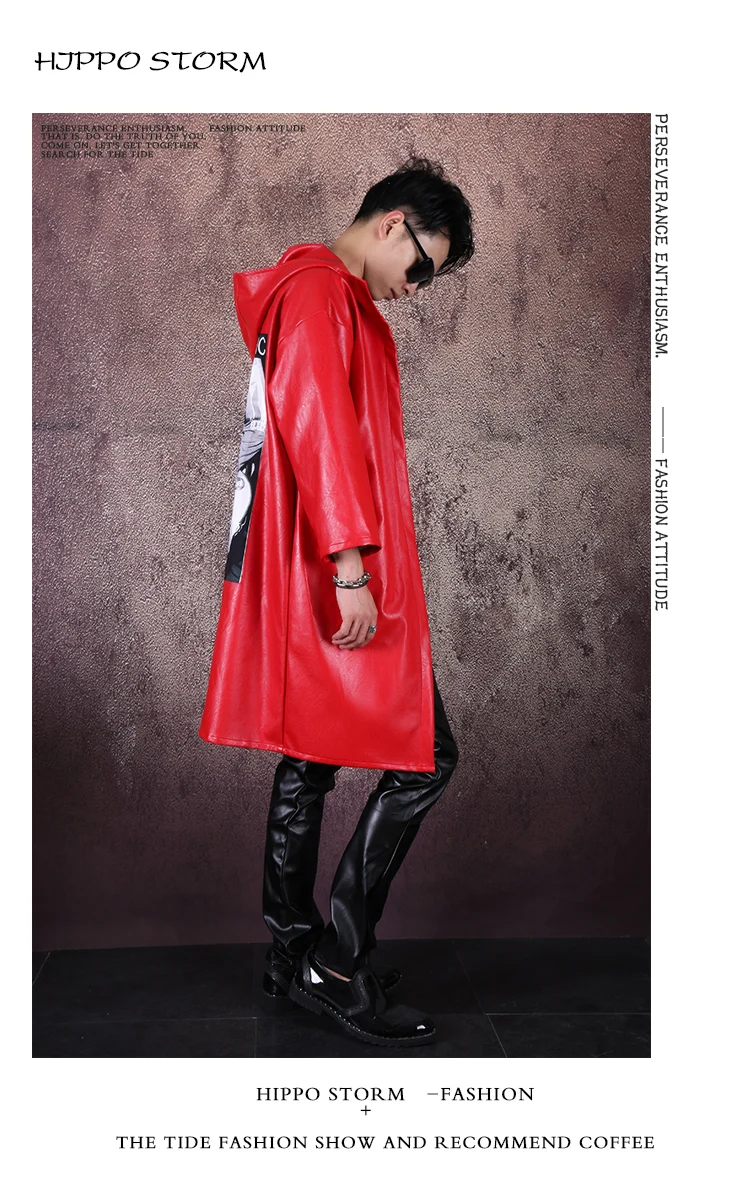 Men's Singer Concert Trench Costume Red Faux Leather Windbreaker Hooded PU Cloak Long Overcoat Tide Male Dancer Hip Hop Coat