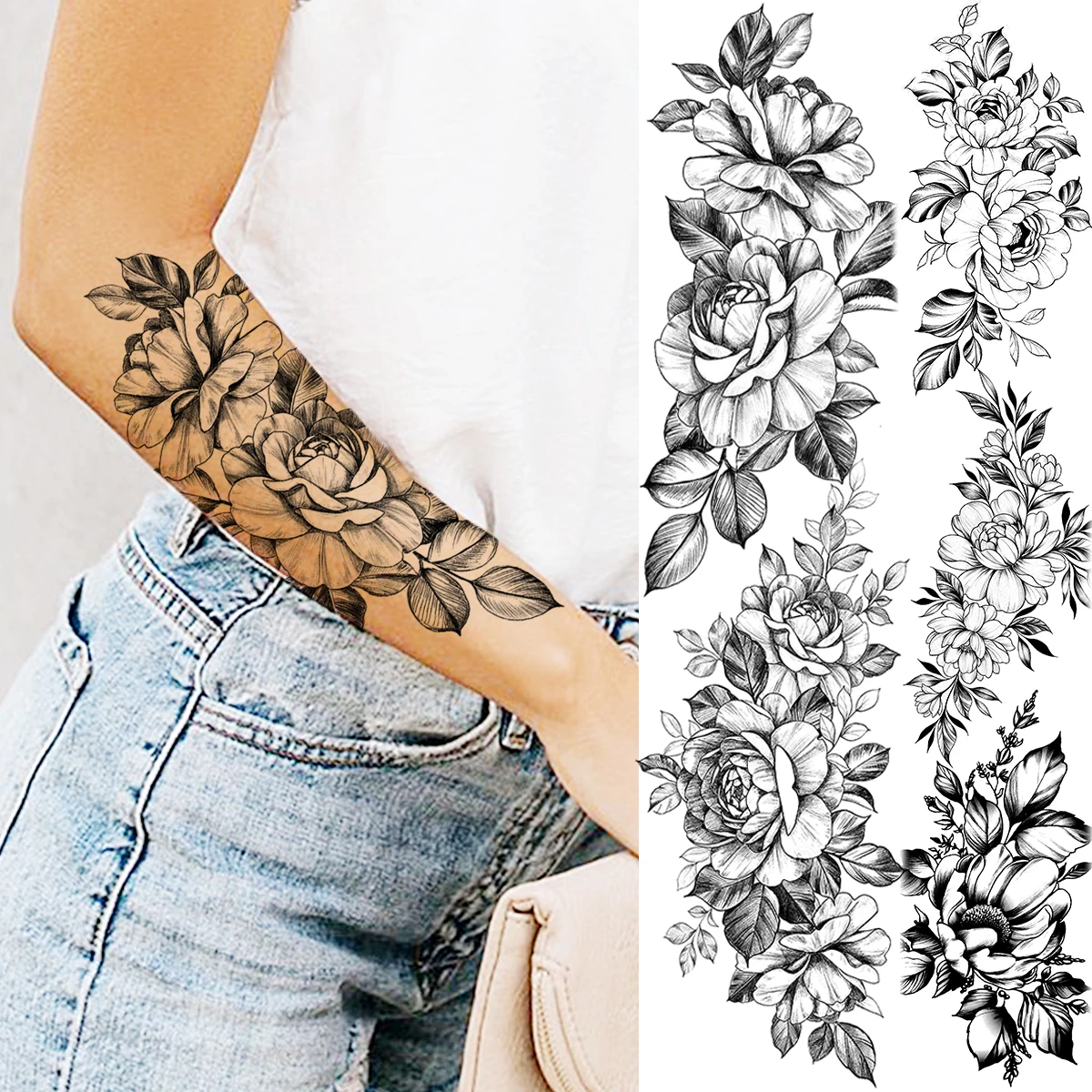 

Realistic Rose Flower Temporary Tattoos For Women Adult Peony Dahlia Fake Tattoo Sticker Forearm Body Art Water Transfer Tatoos