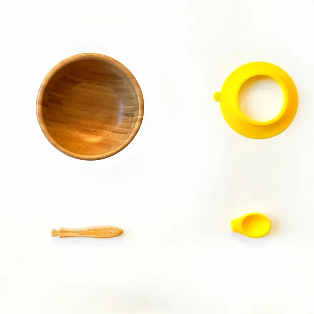 Хорошее качество вилка детская всасывающая чаша и подходящая ложка набор, всасывание остается положить миска для кормления, натуральный бамбук - Цвет: YellowBowlandSpoon