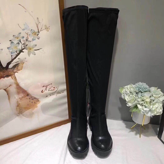 flatform women stretch side zip boots over the knee long creepers black tall slim chunky shoes platform casual sexy block muffin - Цвет: Черный