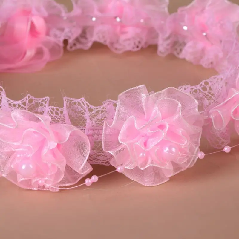 Children Girls Wedding Headband Solid Color Ruffles Lace Flower Hair Wreath Garland Beaded Decor Princess Halo Crown With Adjust