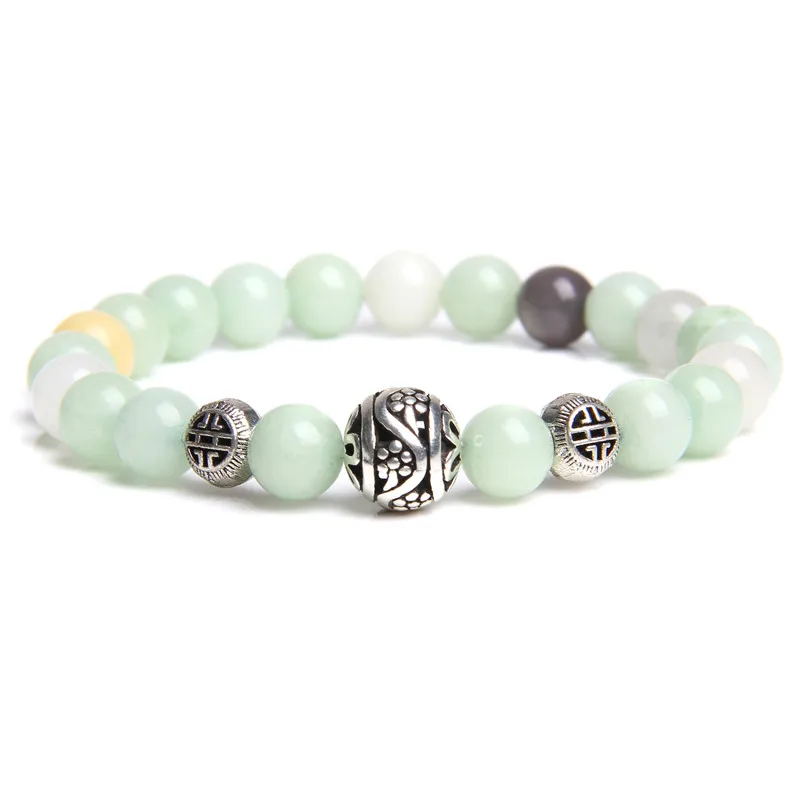 Simple Natural Stone Green Jades Beads Bracelet Round Silver Ball Charm Chakras Energy Yoga for Women Jewelry Gifts | Украшения и