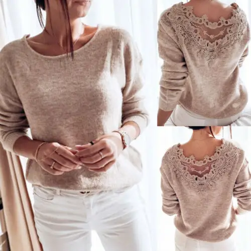 

Autumn Womens Clothes Sexy Elegant Lace Stitching Backless Pullover Sweater Long Sleeve Jumpers Top Knitted Sweater Bodycon