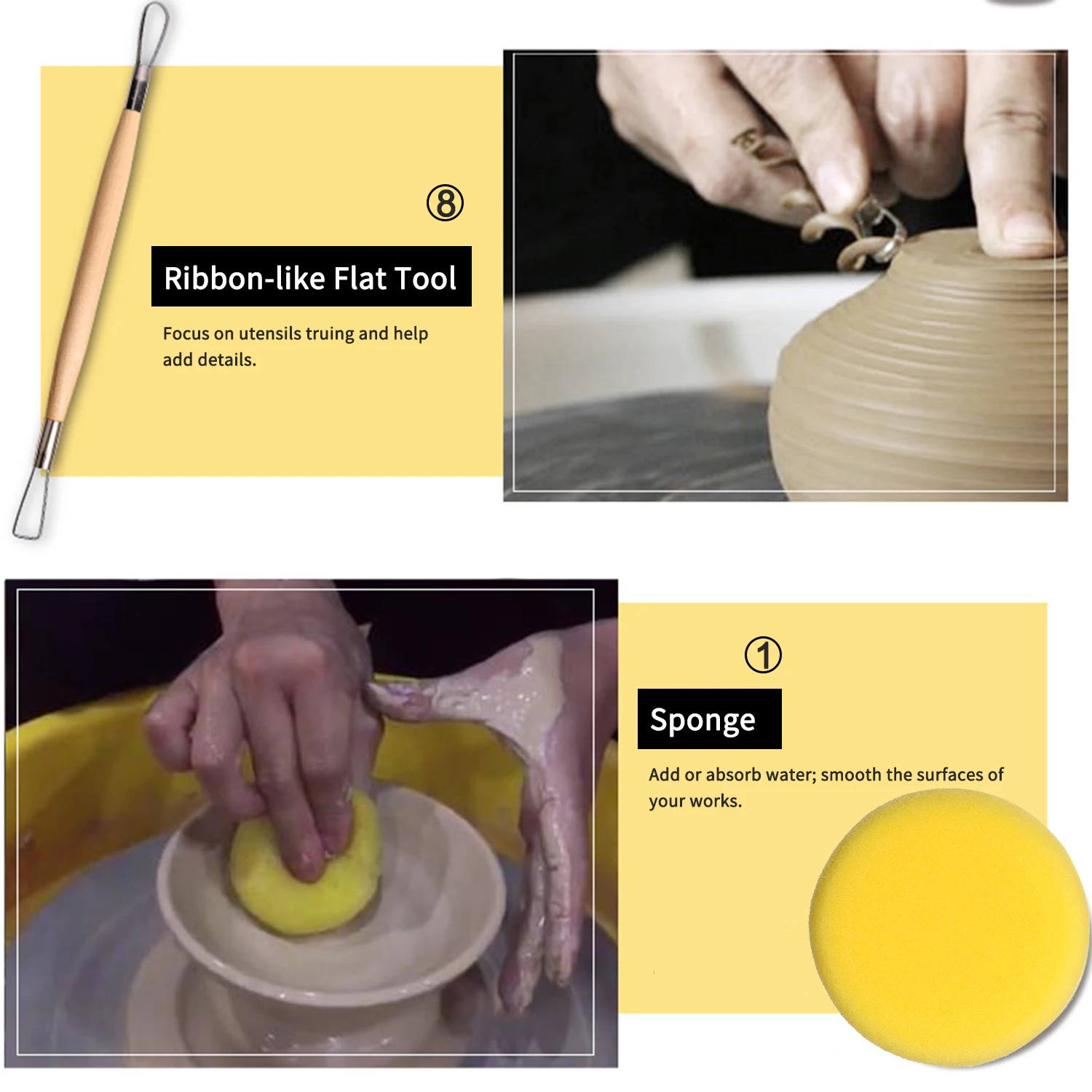 8pcs Pottery Clay Tool Set Pottery Ceramics Molding Tools Practical Wood& Metal Sponge Tool Set Wood Spong