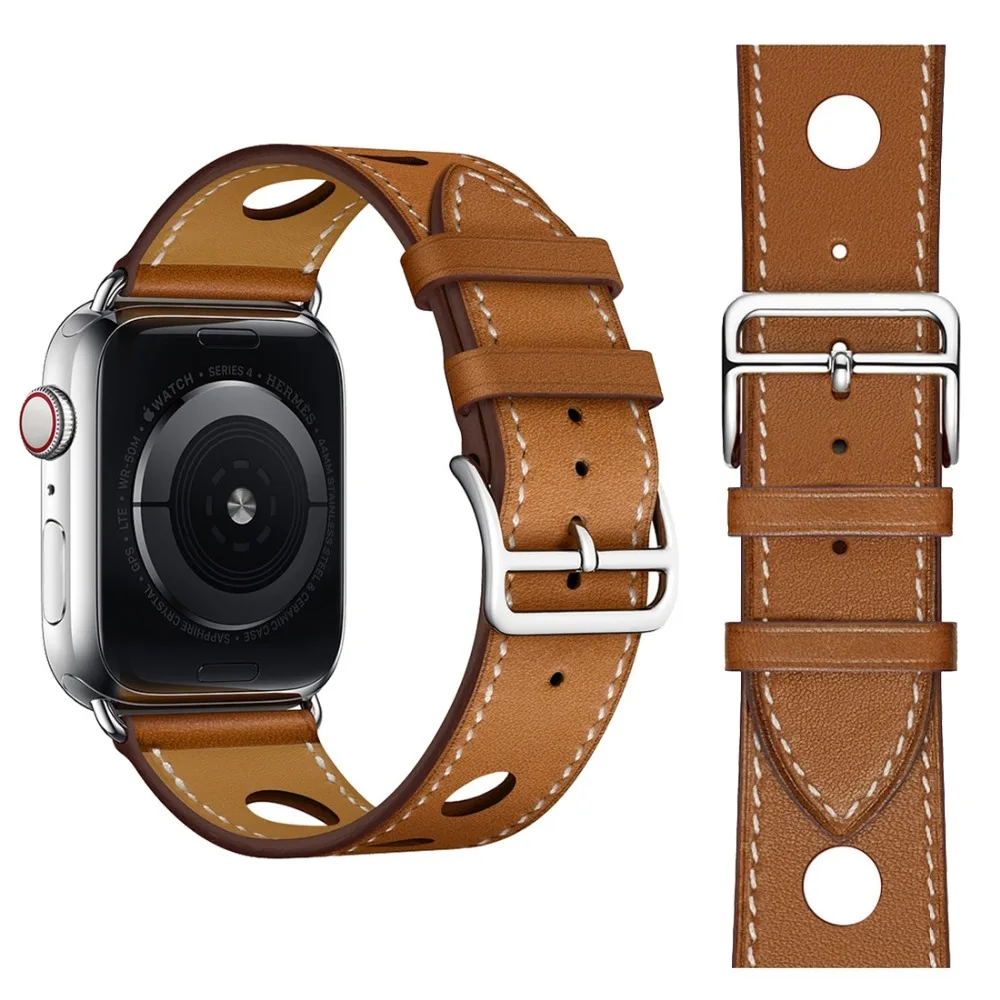 Single Circle Three Holes Genuine Leather Watch Strap for Apple Watch Series 3& 2& 1 38mm 40mm 42mm 44mm Watch Band