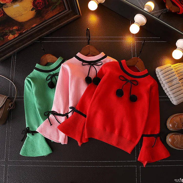 

2018 Autumn New Style Korean-style Children Girls Chest Two Furry Ball Bell Sleeve Invasion Knitted Sweater