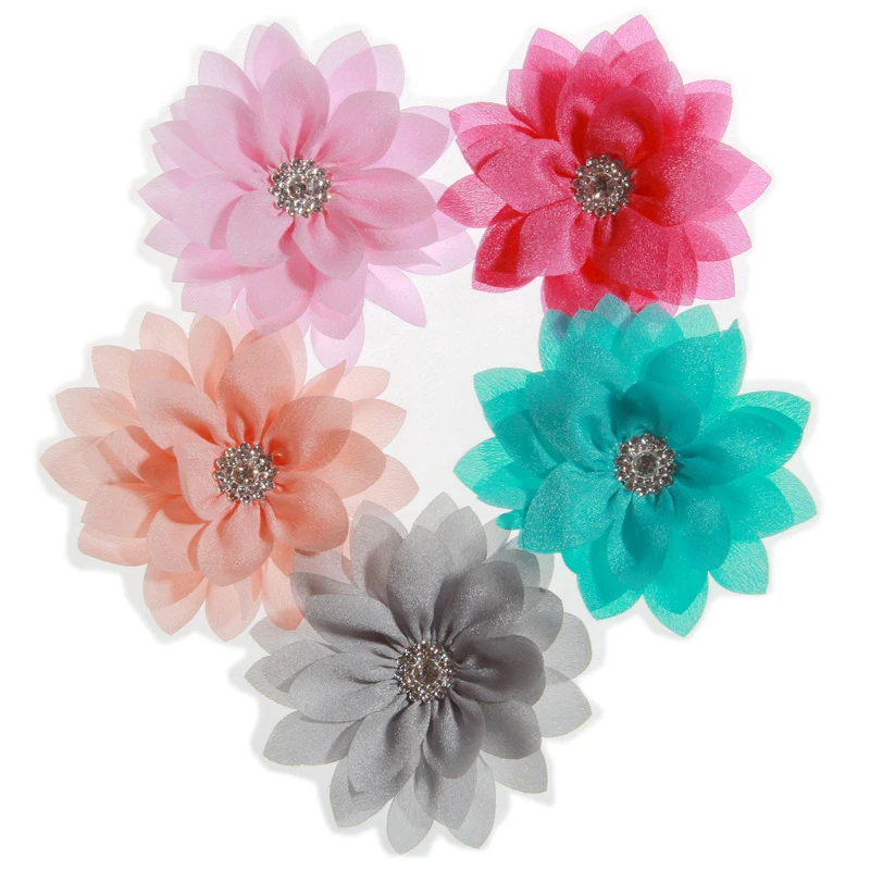 5PCS 8.5CM 3.4inch Lotus Chiffon Flowers With Button For Girls Headbands Artificial Fabric Flower For Hair Accessories