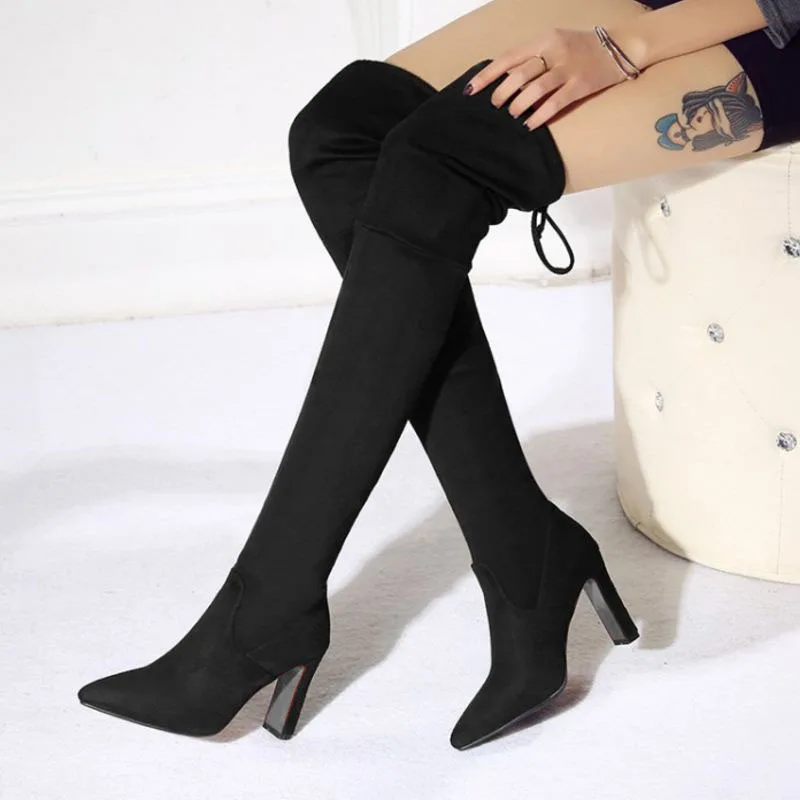 KemeKiss Size 32-46 Winter Thigh High Boots Women Lace Up Sexy Pointed Toe Add Fur Warm Stretch Shoes Women Sexy High Heel Boots