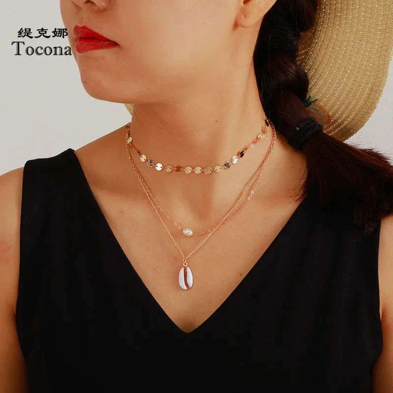 

Tocona Bohemia Multi-layer Summer Shell Pendant Necklace for Women Gold Color Chain Wafer Chocker Jewelry Wholesale C15204