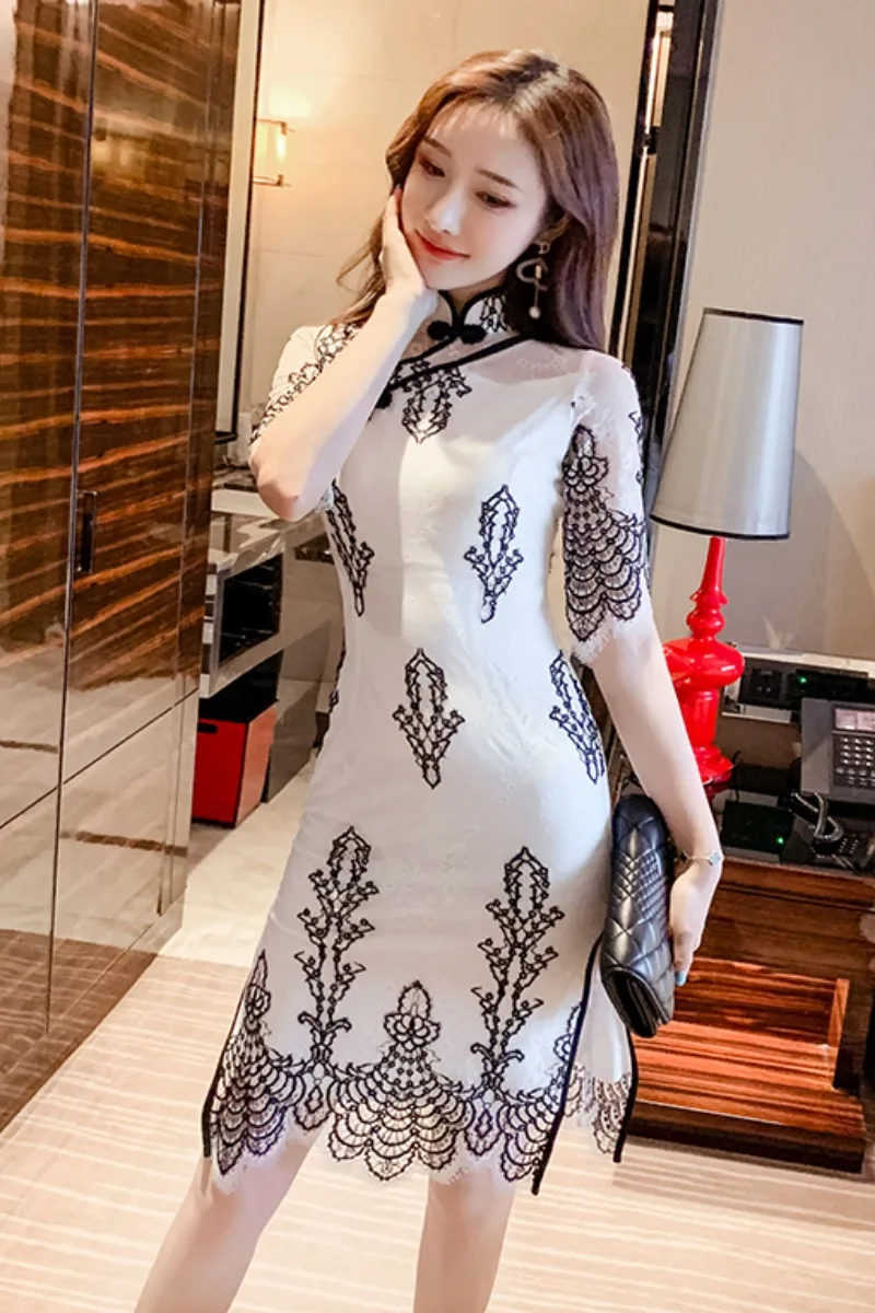 Китайское платье, современное китайское традиционное платье, улучшенное qipao сексуальное cheongsam кружевное платье с вышивкой, Восточное вечернее платье