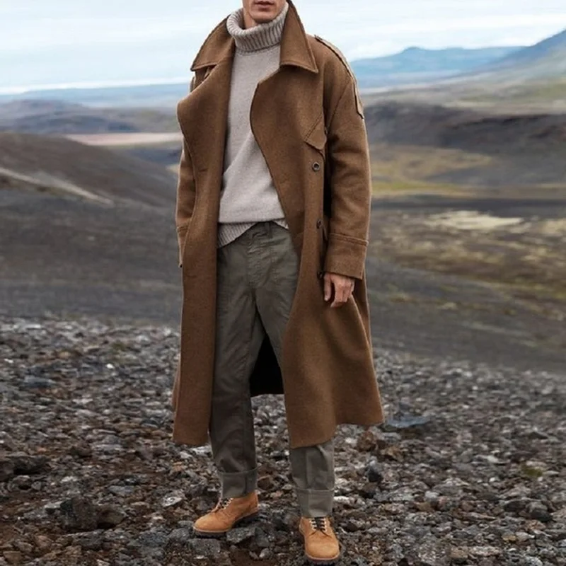 

Winter Coat Men Long Trench Casual Brown Warm Wool Coat Streetwear Trench Jacket Outerwear Blends Coat 2020