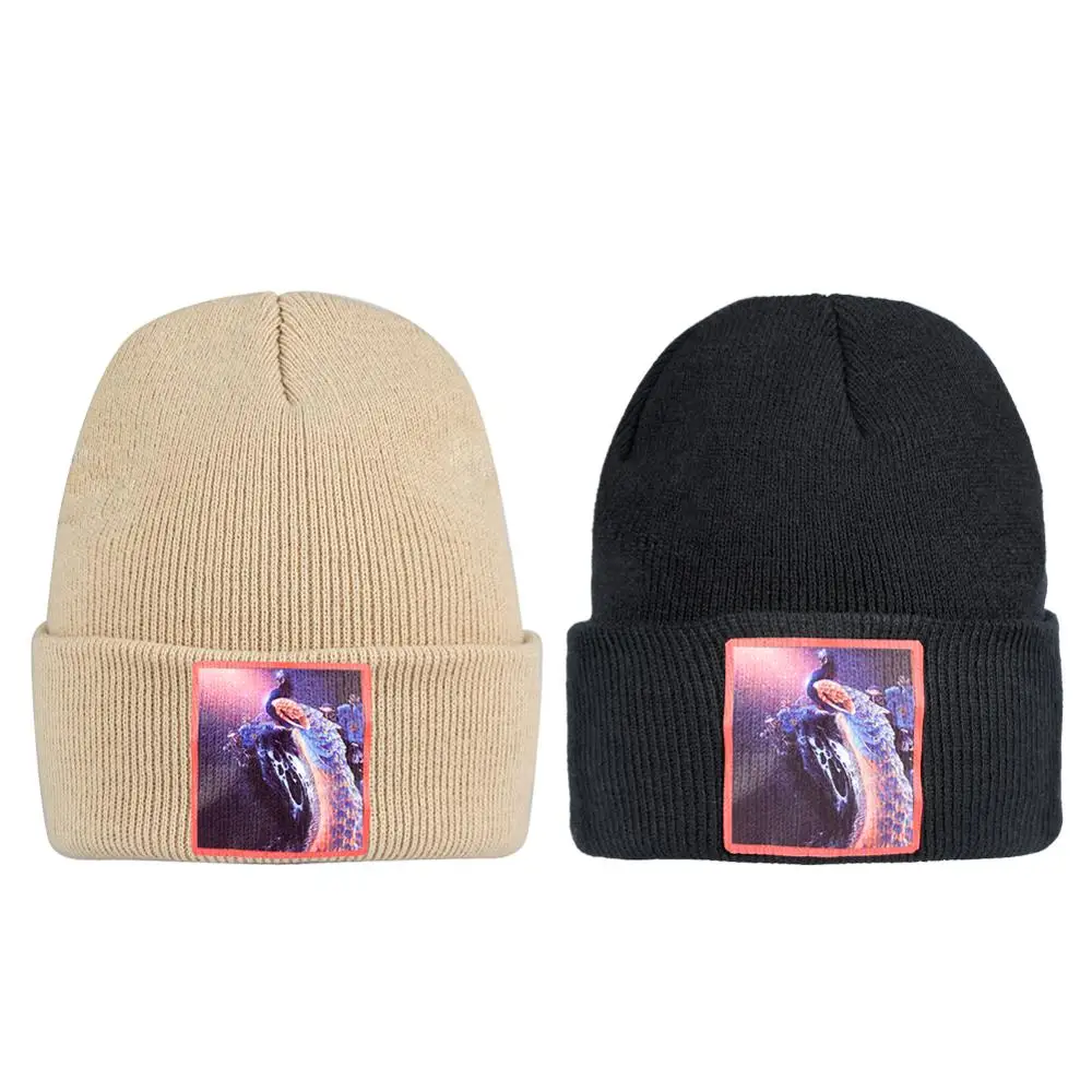 Шапка вязаные шапки вязанная крючком, мешковатая ребристая Skullies женские шапочки с помпоном элегантные универсальные Bonnets Павлин звездное небо логотип бейсболки