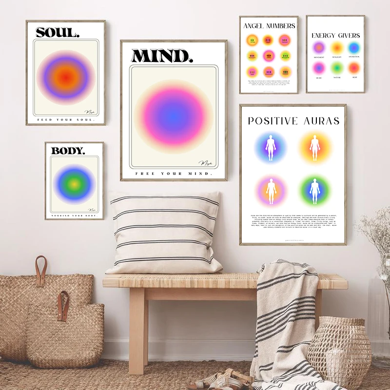 Mind Body Soul Canvas Painting Gradient Spiritual Aura Angel Number Posters Minimal Pastel Vintage Danish Eclectic Art Prints Painting Calligraphy Aliexpress