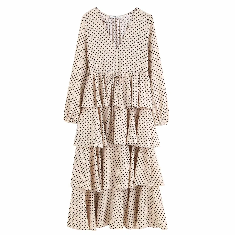 

Women sweet polka dots vestidos cascading ruffles cake midi Dress Ladies autumn v neck bow tied casual slim party Dresses DS2883