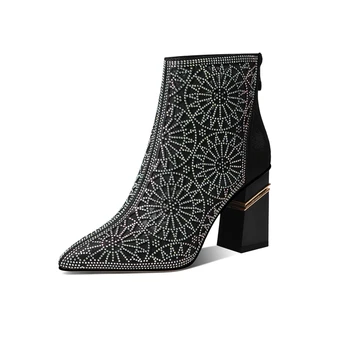 

Spring Summer Women Pointed Toe Boots Fashion Zipper Ankle Booties Female Black Elegant Crystal Flower Shoes Chunky Heels Pumps