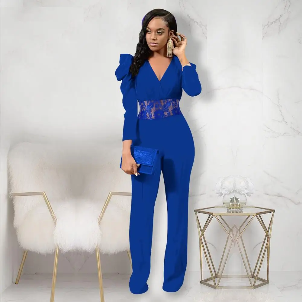 

Sexy V-neck Bodycon Jumpsuit Women Elegant Lace Patchwork Bodysuit Long Pant Solid Color Jumpsuit Overalls Party Club Clothing