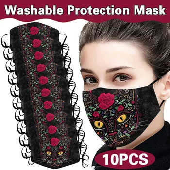 

10PCS Adult Woman Print Cloth Face Shield Washable Mouth Mask Face Shield Reusable Windproof Face Mask Breathable mondmaskers