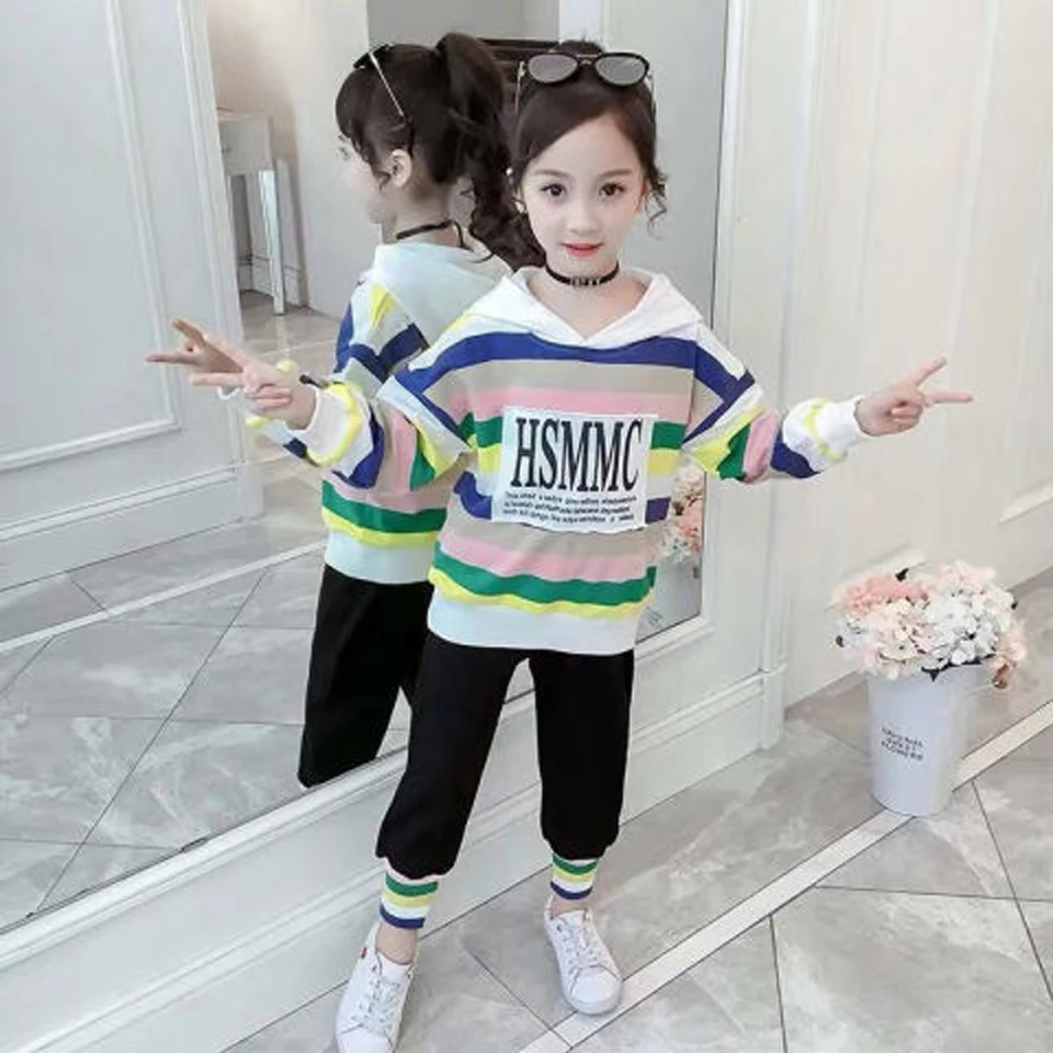 Children's Wear 2020 Spring and Autumn Girls Sports Pants Set Big Child Long Sleeve Letters Stripe 2 Pcs Christmas Day Gift | Детская