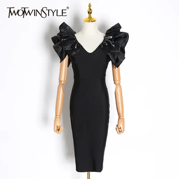 

TWOTWINSTYLE Sexy Bodycon Dress Women V Neck Puff Short Sleeve High Waist Slim Party Dresses For Female Fashion 2020 Clothes New