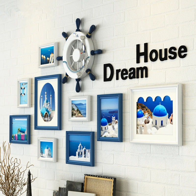 

Mediterranean Style 9 pcs/set Wooden Picture Frames,Blue White Black Wall Photo Frame Sets,Classic Photo Frames for Kids Bedroom