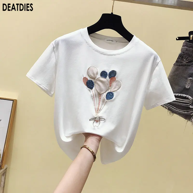 

White Beading Casual Tmbroidery T Shirt Women Fashion O-Neck Short Sleeve T-shirt Cotton Tshirt Korean Style Top Female New 2020