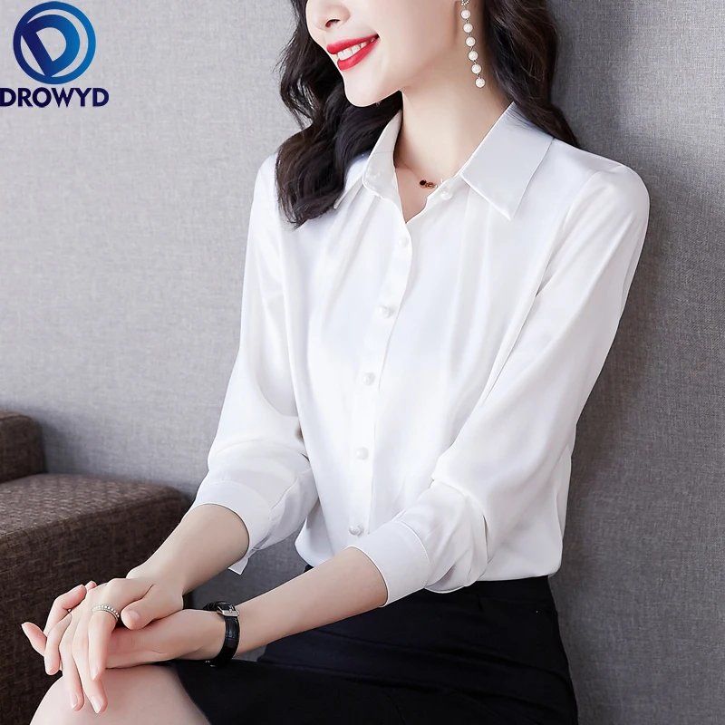 

Korean Fashion Silk Women Blouses Office Lady Shirts Satin Long Sleeve Womens Tops and Blouses Blusas Largas shirt