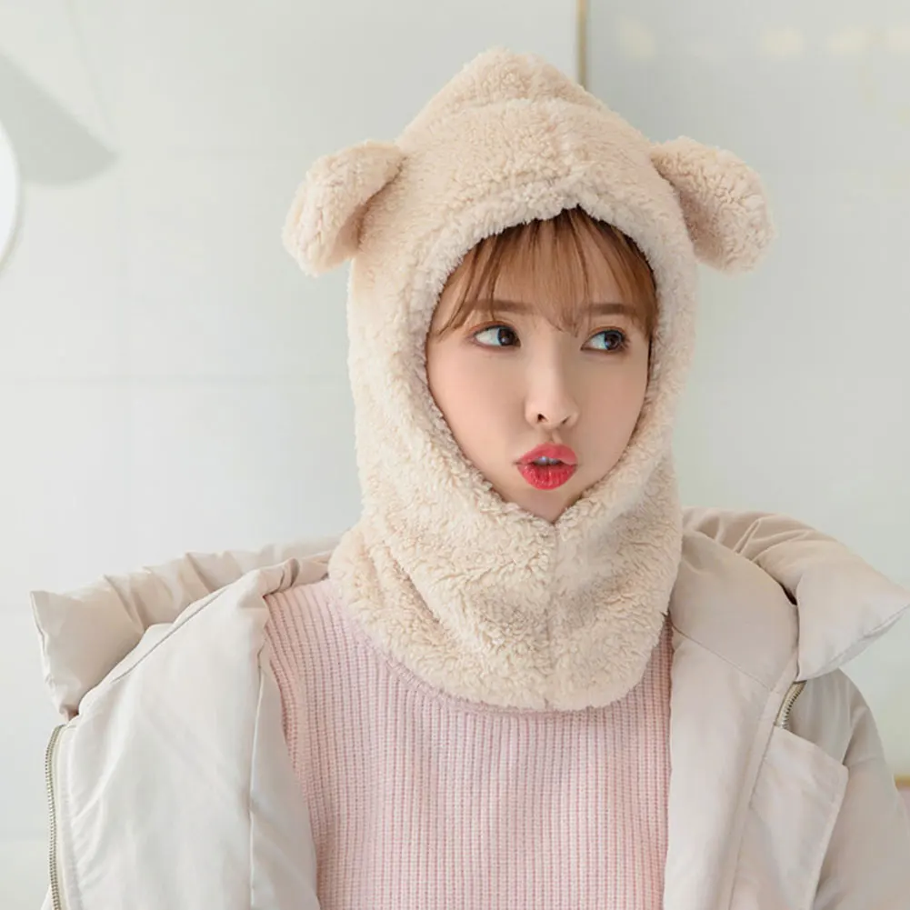 Fashion Accessories Winter Warm Earflap Hood Full-Cover Face Mask Women Cute Fleece Scarf Hat Windproof Protective Neck Hat