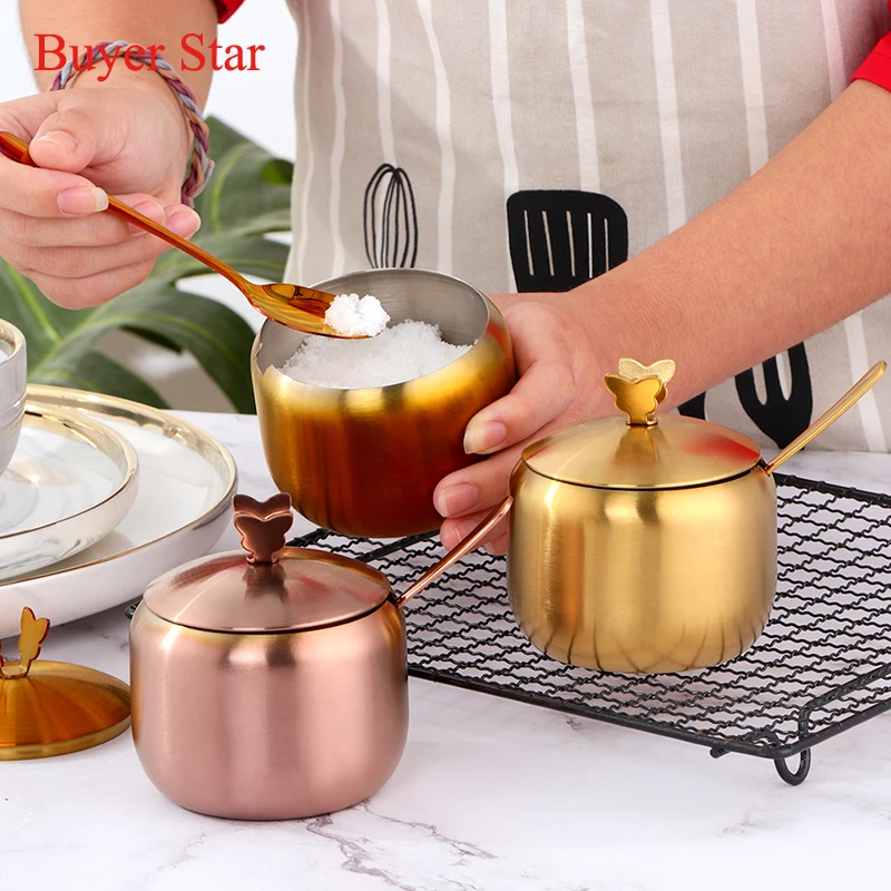 

Gold Seasoing Can Stainless steel Salt Bottle Spice Jars With lid&spoon tableware Metal Sugar Storage Containers kitchen tools