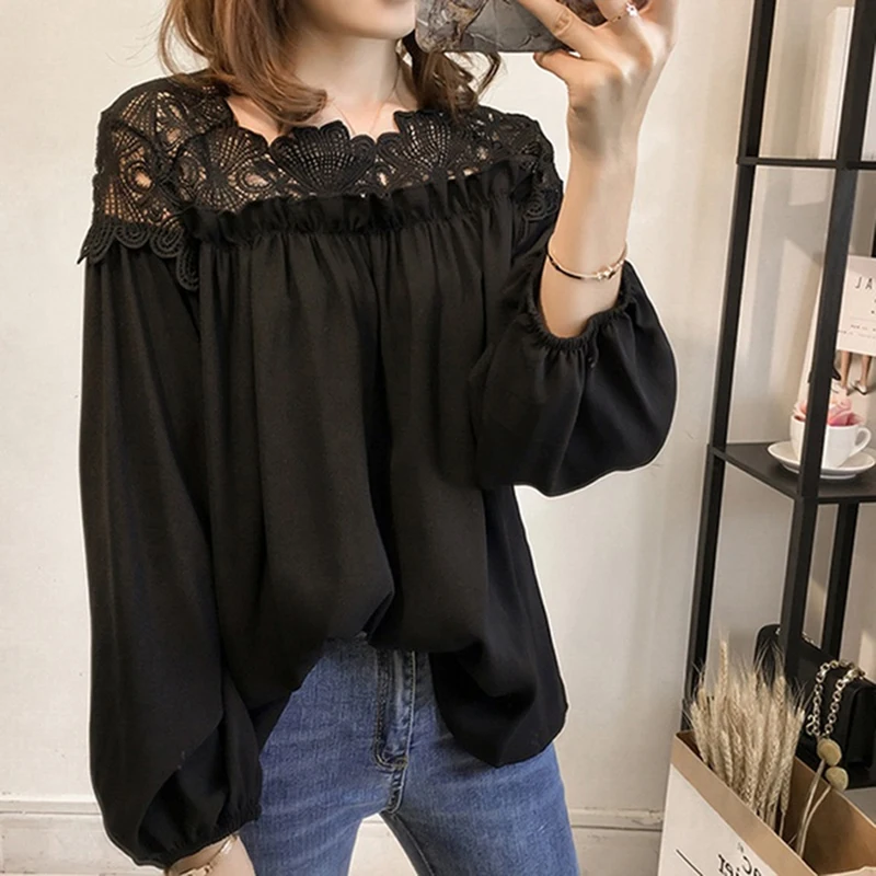 

HENGSONG 2019 Womens Blouse New Sweet Hollow Solid Lace Stitching Top O-Neck Lantern Sleeve Shirts Elegant Blusas blouse