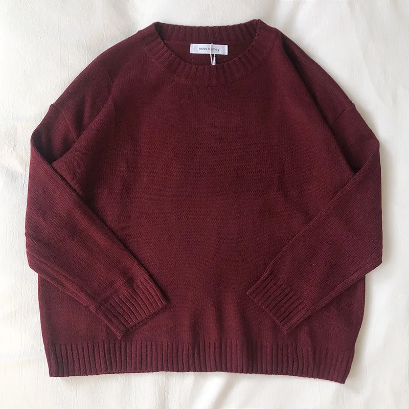 Mooirue осенне-зимний женский вязаный свитер тонкий универсальный базовый Круглый вырез вязаный джемпер Топы - Цвет: wine red
