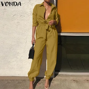 

VONDA S-5XL Rompers Womens Jumpsuits Casual Solid Color Long Sleeve Sexy V Neck Overalls Plus Size Bohemian Party Playsuits