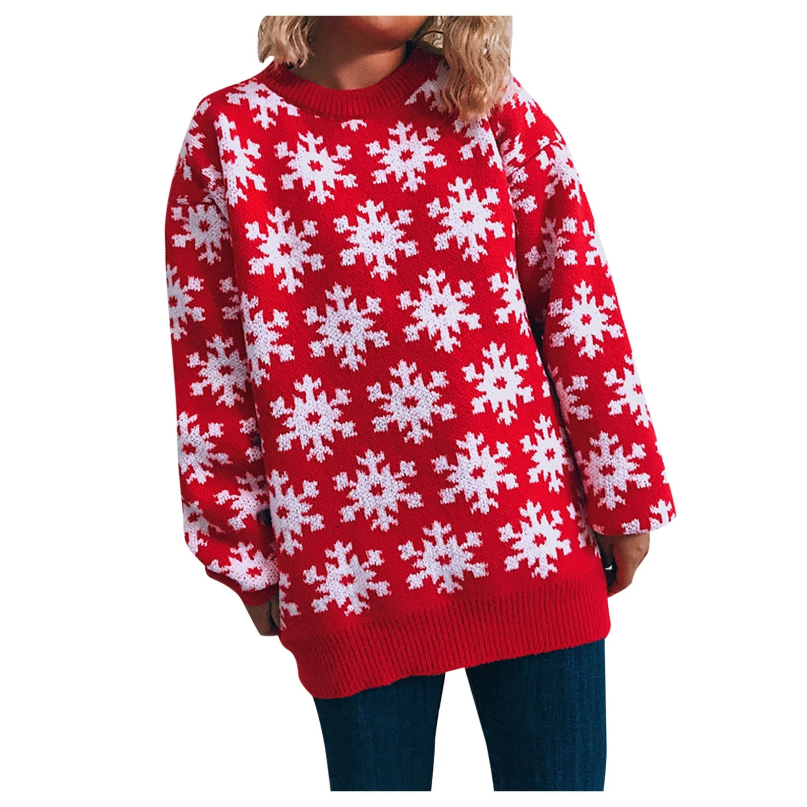 Suéter de manga con estampado de copo de nieve para mujer, Jersey de punto de lana de Navidad, cuello redondo, para fiesta, diario, Tops, invierno, nueva moda|Pulóveres| - AliExpress