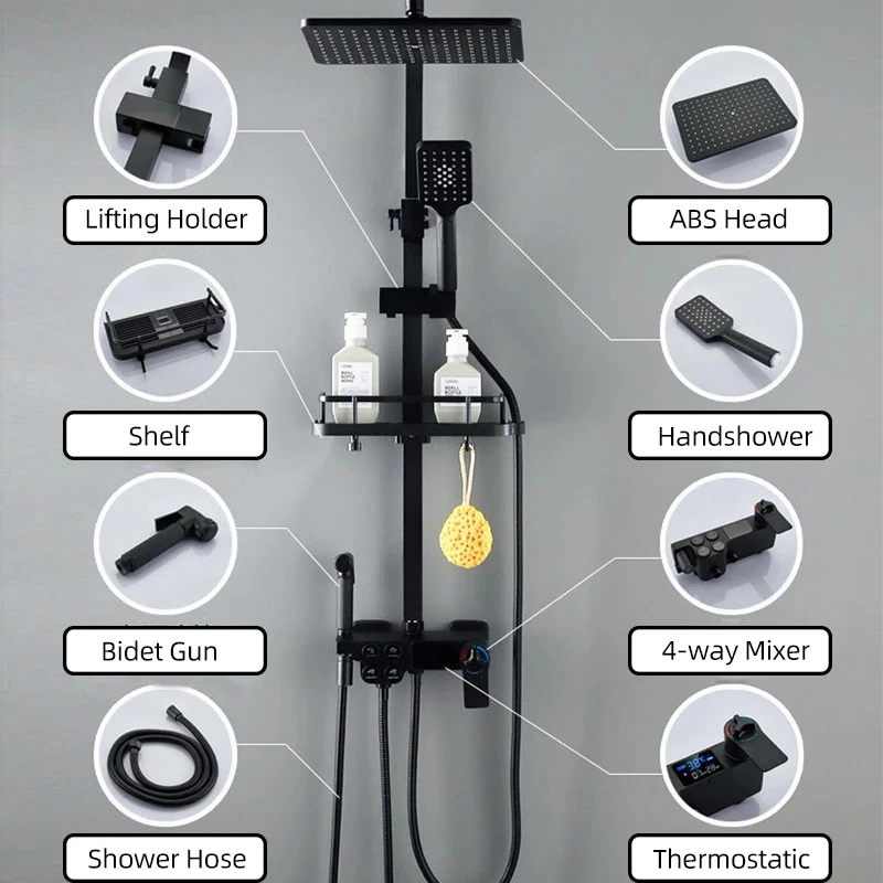 Black Thermostatic Digital Display Shower Faucet Set Rain Bathtub Faucet Mixer Crane Bidet 4-way Shower Mixer Bidet Tap