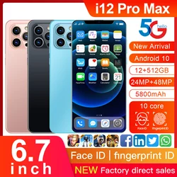 Celular  I12 Pro Max 5G 5800mAh Global Version12GB 512GB Smartphone 6.7 Inch 10 Core Android 10 Cellphone Mobile Phone Unlock 4G