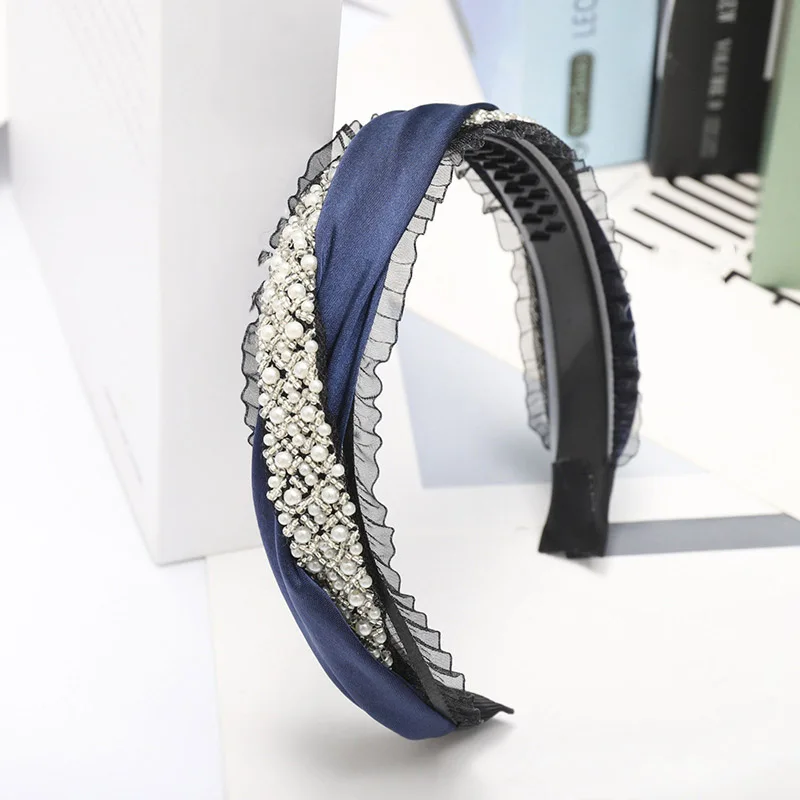 Dark Blue Модная женская головная повязка в Корейском стиле с жемчужным Кружевом, широкий женский ободок для волос, аксессуары для волос для девушек, вечерние аксессуары для помолвки - Цвет: Dark Blue
