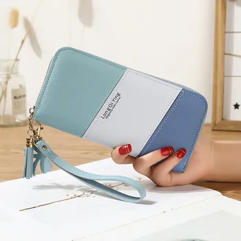 

Long Women's Wallet Female Tassel Coin Purse Ladies Fashion Zipper Contrast Color Mobile Phone Bag Pu Leather Clutch Money Bag