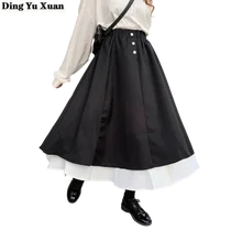 

Black White Patchwork Long Tulle Skirt Women Korean Loose Skirts High Waist A-line Pleated Summer Female Maxi Mini Skirts Womens