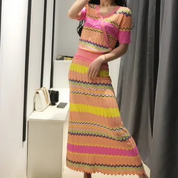 

ZAWFL Luxury Designer Brand Womens Striped Knitted Skirt Two Piece Sets High Waist Bodycon Skirts Half-sleeve Top+Skirt Suit