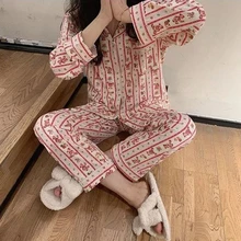 QWEEK Kawaii Bear Print Christmas Pajamas for Women Autumn Pijamas Female 2 Piece Set Long Sleeve Sleepwear Japanese Pyjamas