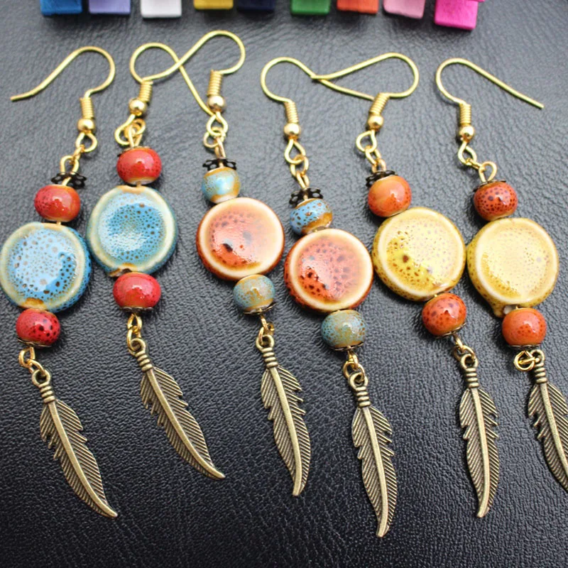 

Bohemian Leaf Feather Long Dangle Earring Vintage Retro Pendientes Multicolor Ceramics Beaded Drop Earrings for Women F3D309