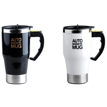 

2x Self Stirring Mug Electric Coffee Tea Mug Stainless Steel Double Wall Travel Coffee Mug for Party Black & White
