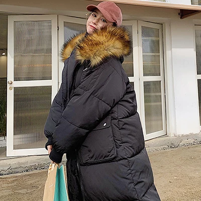 black-2 Негабаритные длинные пуховое пальто с капюшоном Для женщин зимние Повседневное плотная, ветронепроницаемая свободные вниз куртки Женский куртка из искусственной кожи в Корейском стиле Harajuku Модная парка на застежке-молнии пальто - Цвет: black-2
