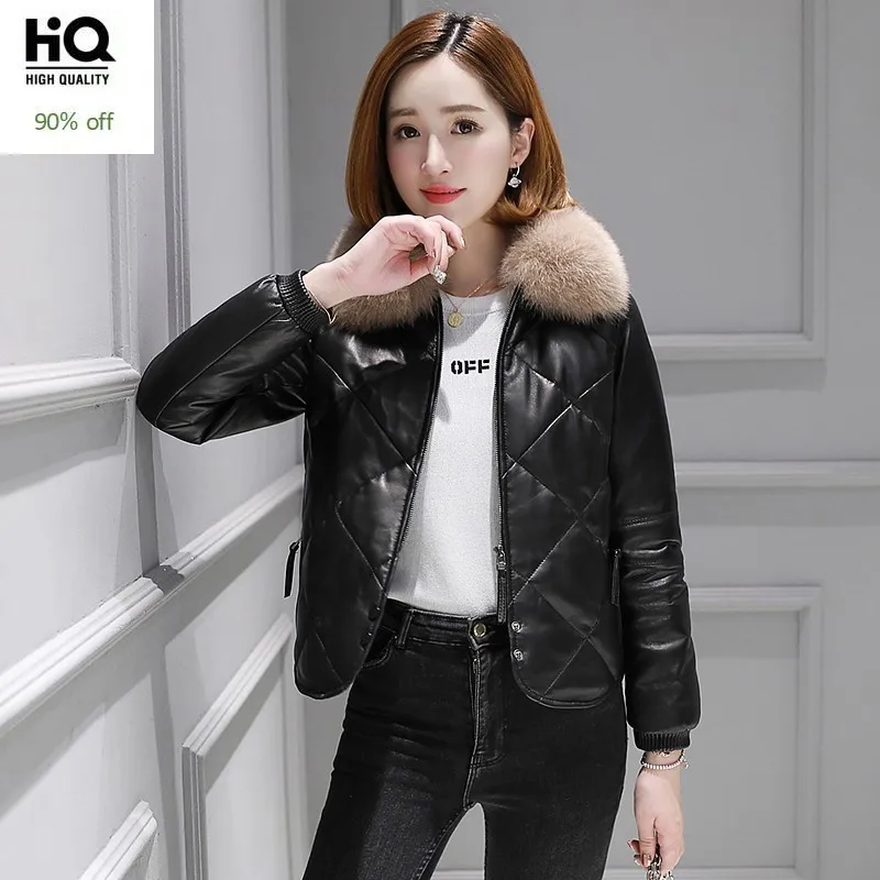 

Winter Women Short Down Jacket Bikers Fox Fur Collar Sheepskin Genuine Leather Jacket Casual Slim Fit Ladies Warm Outwear Coat