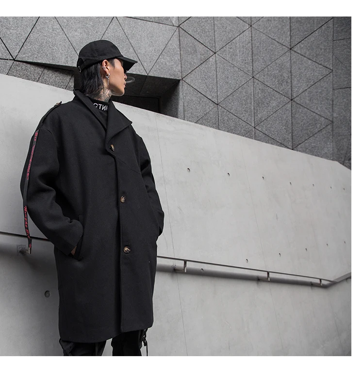 YASUGUOJI новые мужские черные пальто зима хип хоп модные красные ленты мужские шерстяные пальто уличная свободная Мужская длинная тренчкот